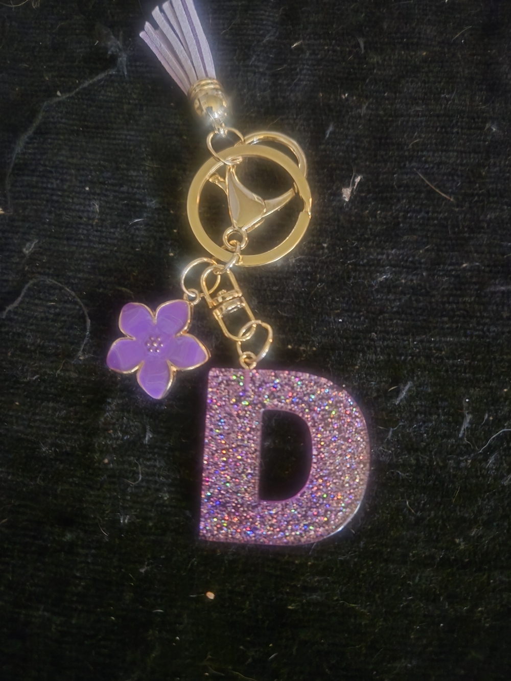 Personalized Purple 'D' Initial Keychain, BAG Purse Charm with Flower Charm - Picture 2 of 3